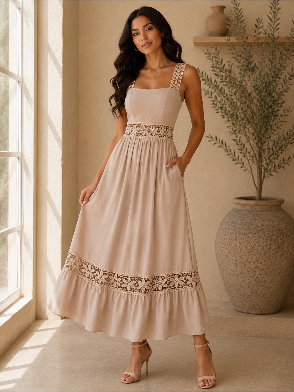 Beige Lace-Trim Maxi Dress - Women's Summer Dress